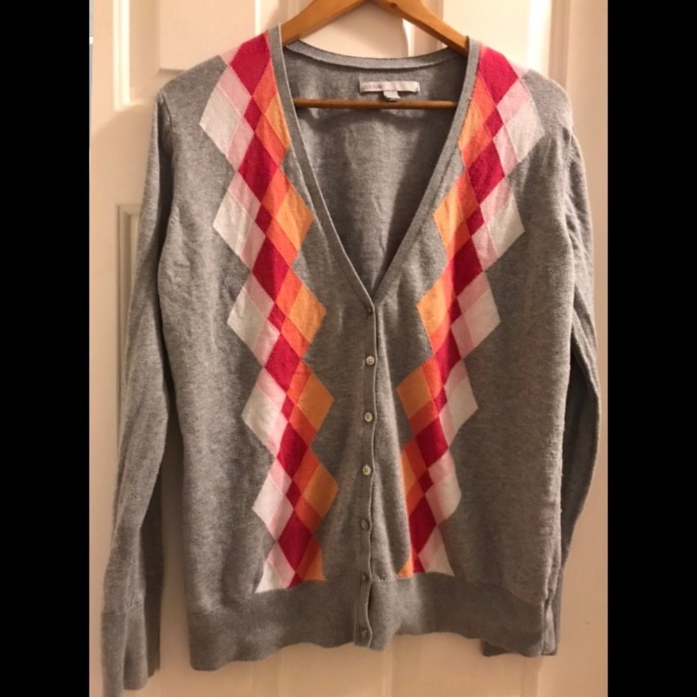 Old navy grey cardigan w pink white orange argyle